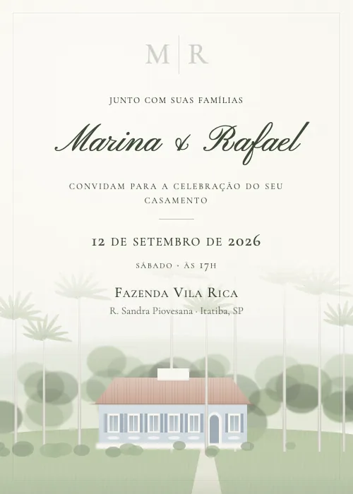 Convite de casamento em aquarela Fazenda Vila Rica, Itatiba