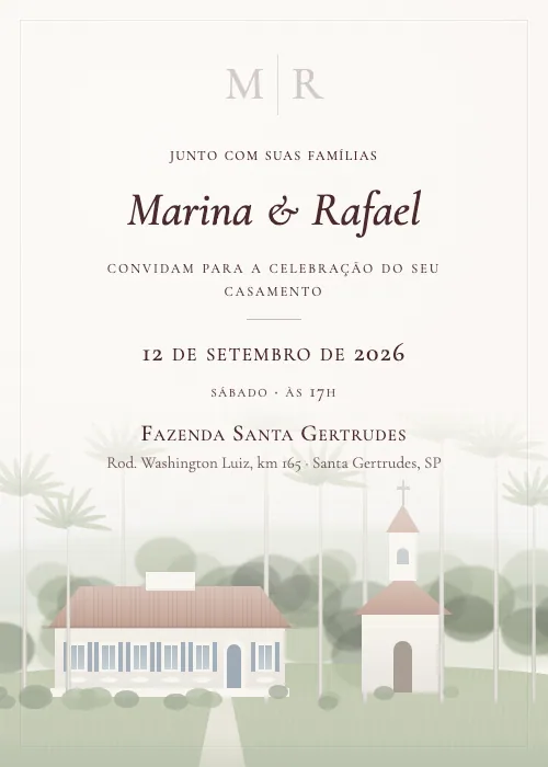 Convite de casamento em aquarela Fazenda Santa Gertrudes, Rio Claro