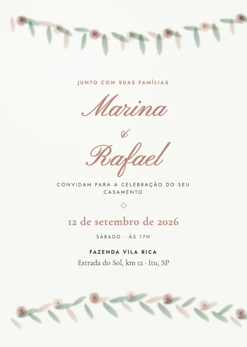 Convite de casamento Guirlanda de Folhagens Eucalipto, estilo romântico