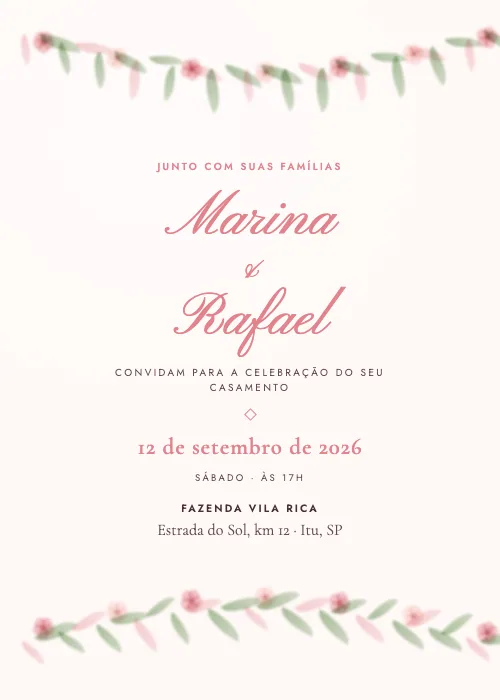 Convite de casamento Guirlanda de Folhagens Primavera, estilo botânico
