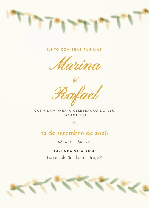 Convite de casamento Guirlanda de Folhagens Campo, estilo romântico