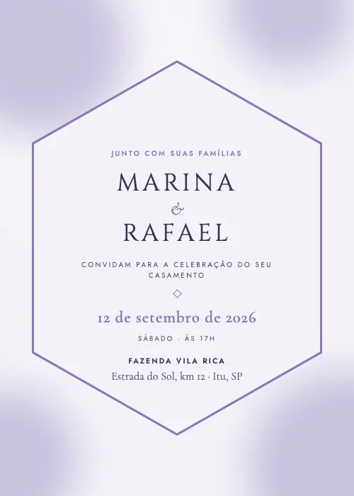 Convite de casamento Hexágono Floral Lavanda, estilo romântico