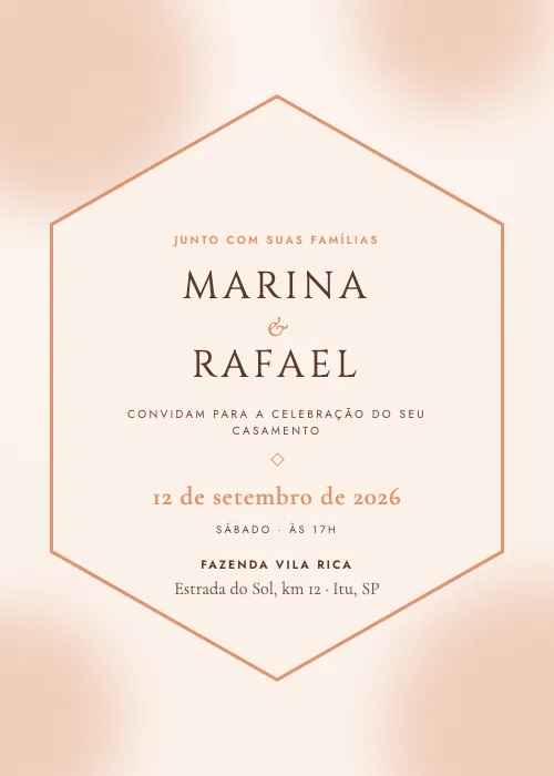 Convite de casamento Hexágono Floral Pêssego, estilo romântico