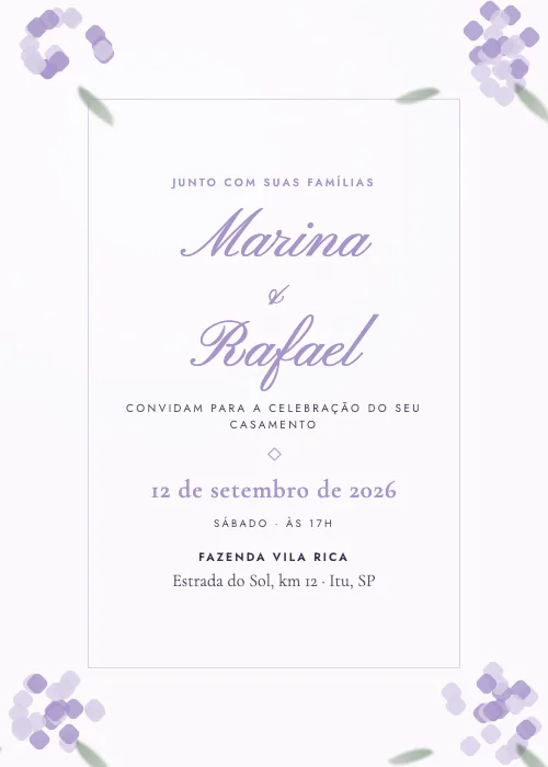 Convite de casamento Hortênsias Lilás, estilo botânico