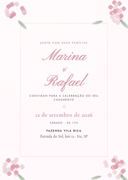 Convite de casamento Hortênsias Rosa, estilo botânico
