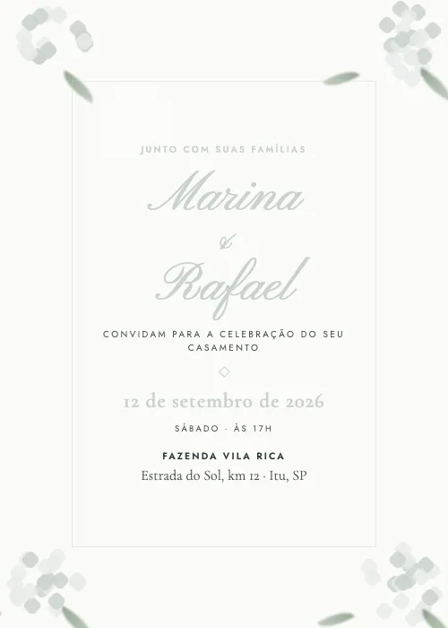 Convite de casamento Hortênsias Branco, estilo romântico