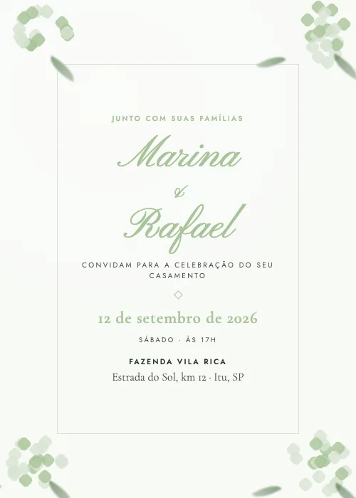 Convite de casamento Hortênsias Verde, estilo botânico