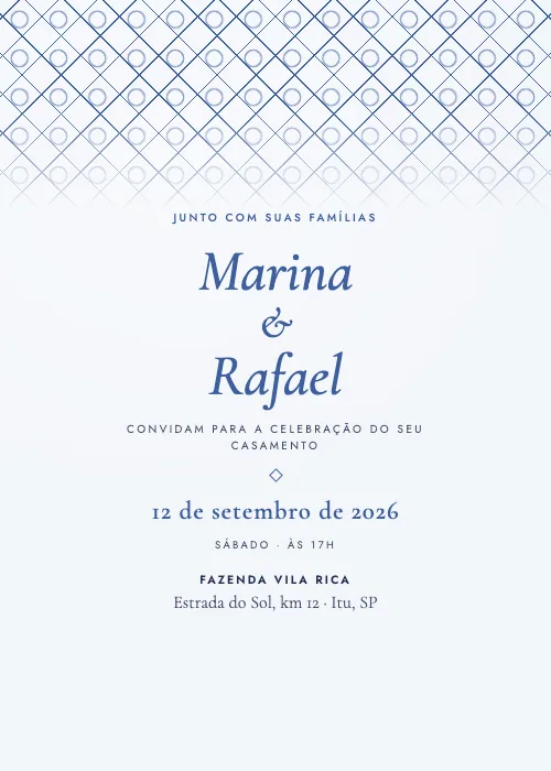 Convite de casamento Losangos Azul Porcelana, estilo clássico