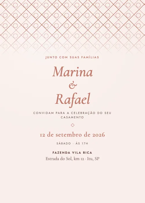 Convite de casamento Losangos Rosé Gold, estilo clássico