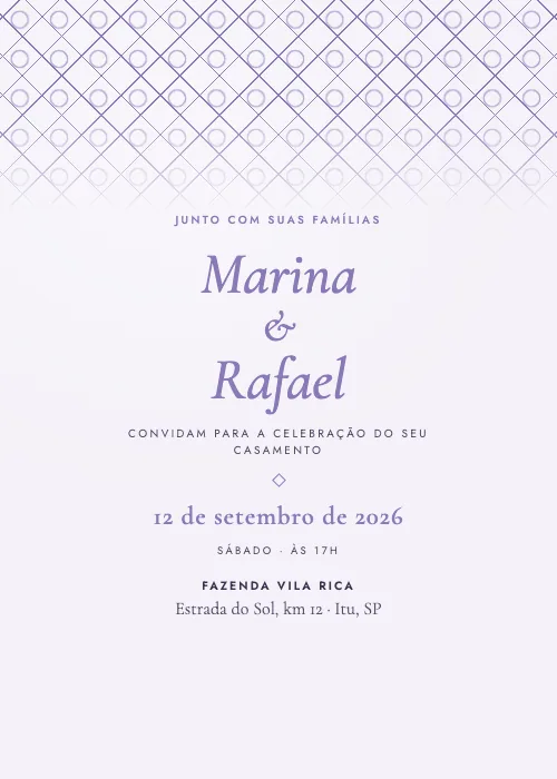 Convite de casamento Losangos Lavanda, estilo clássico