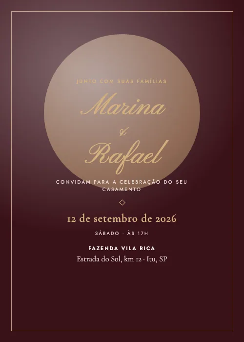 Convite de casamento Lua Cheia Bordô, estilo romântico