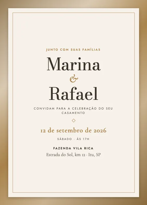 Convite de casamento Moldura Metálica Marfim e Ouro, estilo de luxo