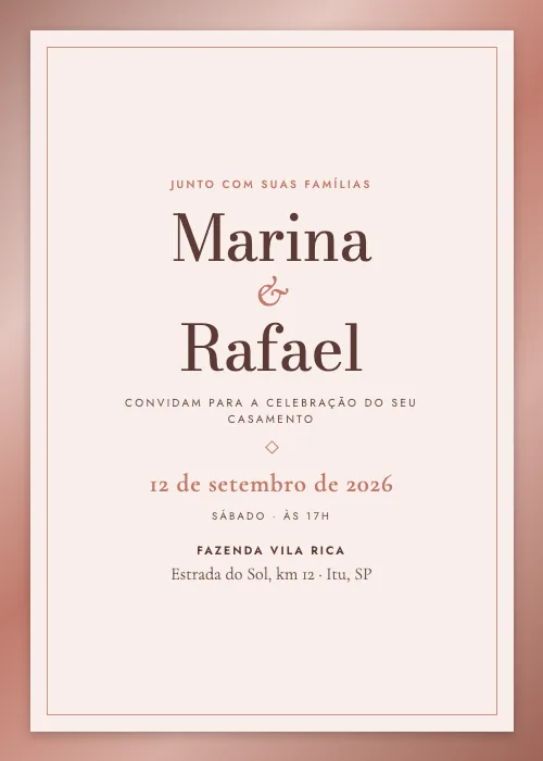 Convite de casamento Moldura Metálica Rosé Gold, estilo de luxo