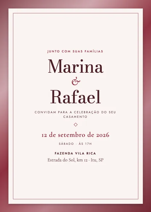 Convite de casamento Moldura Metálica Marsala, estilo de luxo