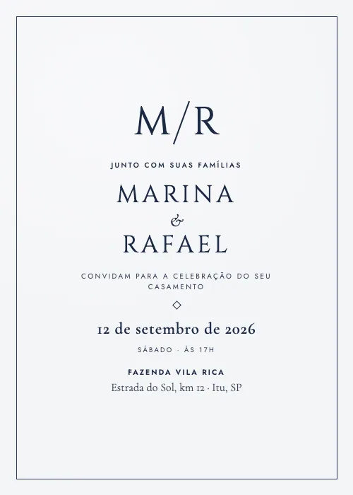 Convite de casamento Monograma Marinho, estilo minimalista