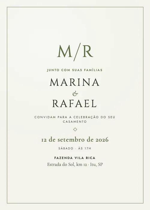 Convite de casamento Monograma Musgo, estilo minimalista