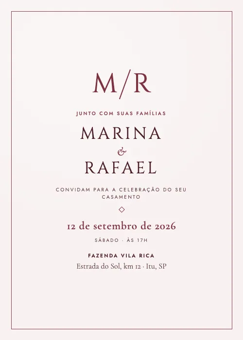 Convite de casamento Monograma Vinho, estilo minimalista