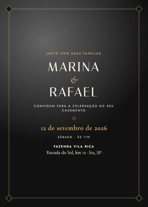 Convite de casamento Noite de Gala Preto e Ouro, estilo de luxo
