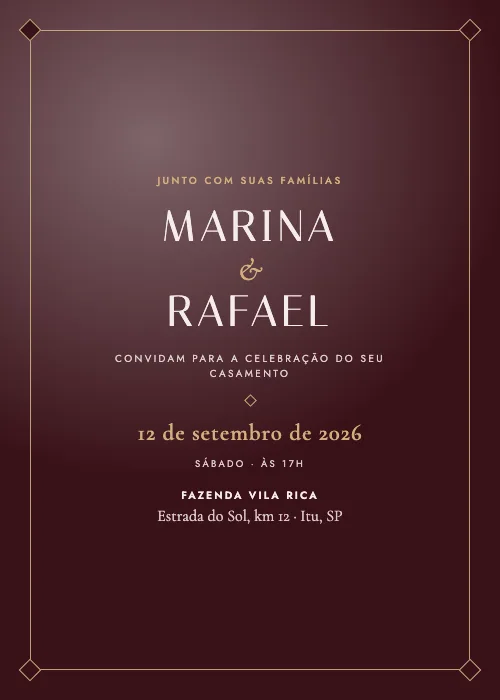 Convite de casamento Noite de Gala Bordô, estilo de luxo