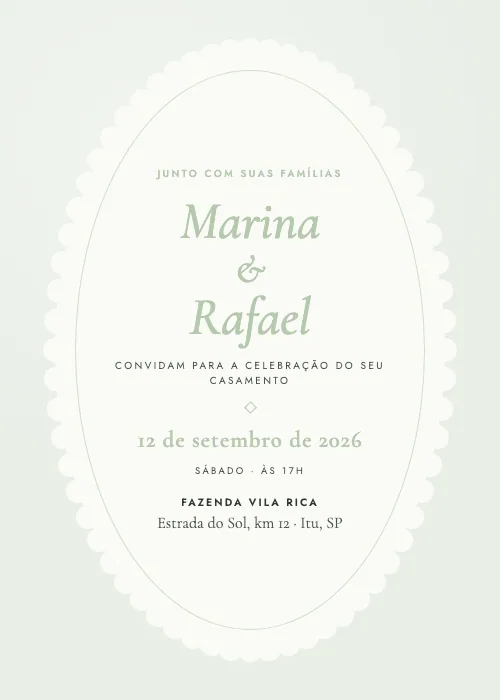 Convite de casamento Oval Recortado Sálvia, estilo clássico