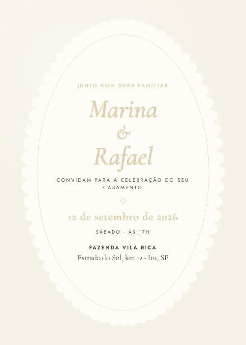 Convite de casamento Oval Recortado Areia, estilo clássico