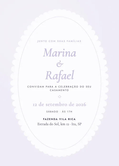 Convite de casamento Oval Recortado Lavanda, estilo clássico