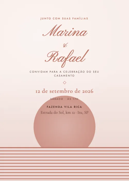 Convite de casamento Pôr do Sol Rosé Gold, estilo moderno