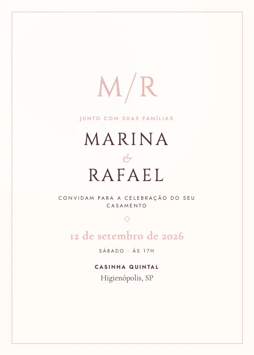 Convite de casamento Monograma da Casinha Blush, Casinha Quintal