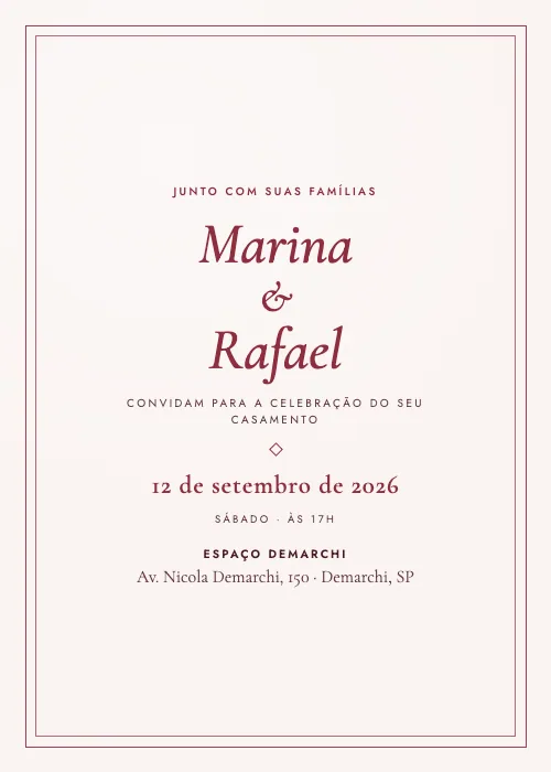 Convite de casamento Demarchi Clássico Bordô, Espaço Demarchi
