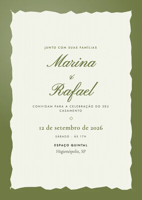 Convite de casamento Papel do Quintal Musgo, Espaço Quintal