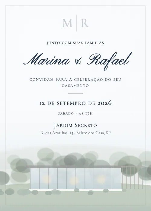 Convite de casamento Casa de Vidro Azul, Jardim Secreto