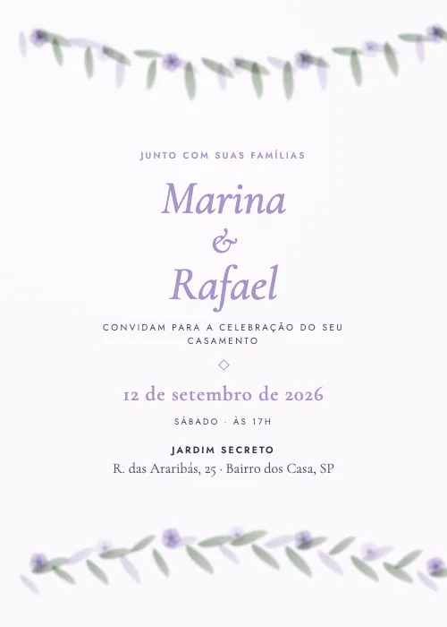 Convite de casamento Folhagens do Jardim Lilás, Jardim Secreto