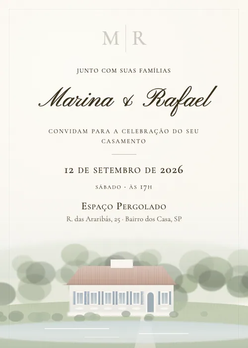 Convite de casamento Luzes do Lago Champanhe, Espaço Pergolado
