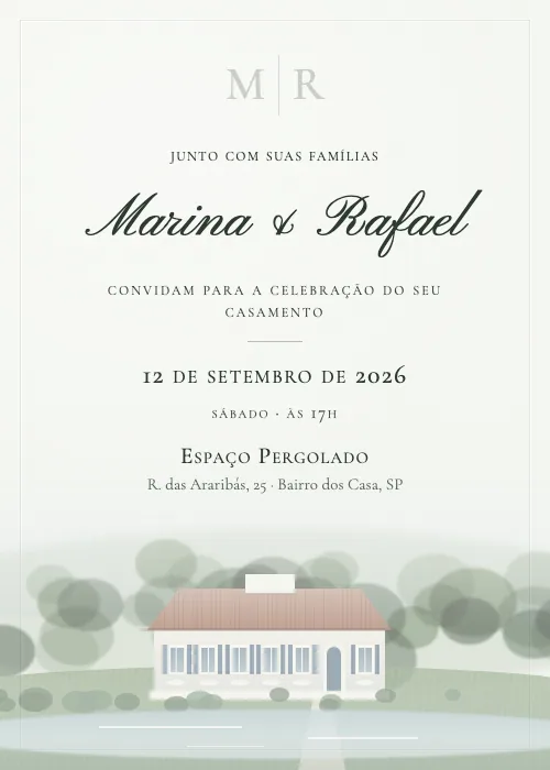 Convite de casamento Luzes do Lago Sálvia, Espaço Pergolado