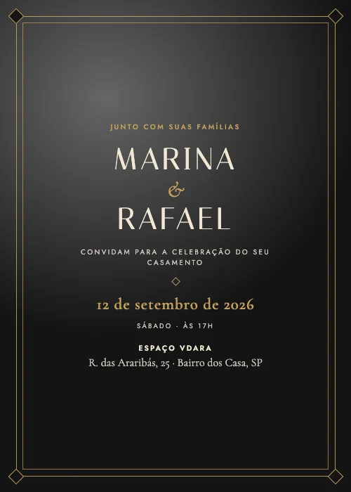 Convite de casamento Vdara Déco Ônix e ouro, Espaço Vdara