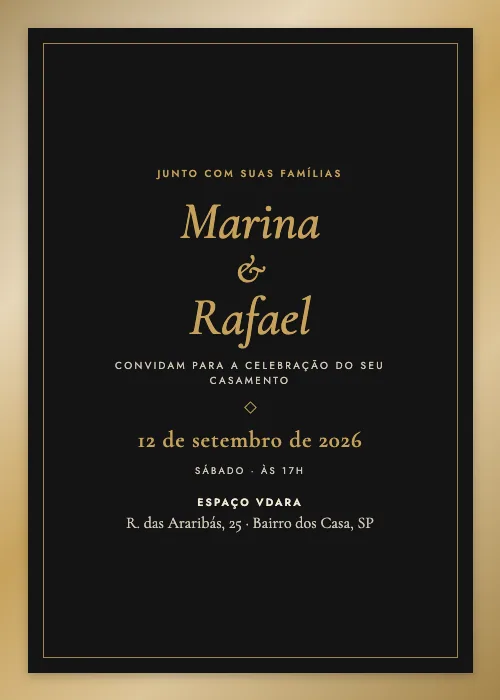 Convite de casamento Vdara Metálico Ônix e ouro, Espaço Vdara