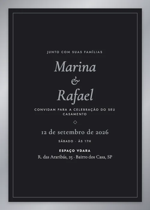 Convite de casamento Vdara Metálico Grafite e prata, Espaço Vdara