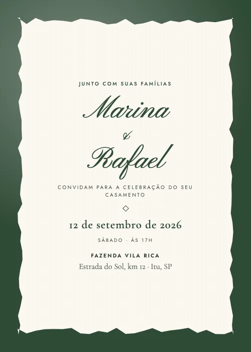 Convite de casamento Papel Rasgado Verde-floresta, estilo moderno