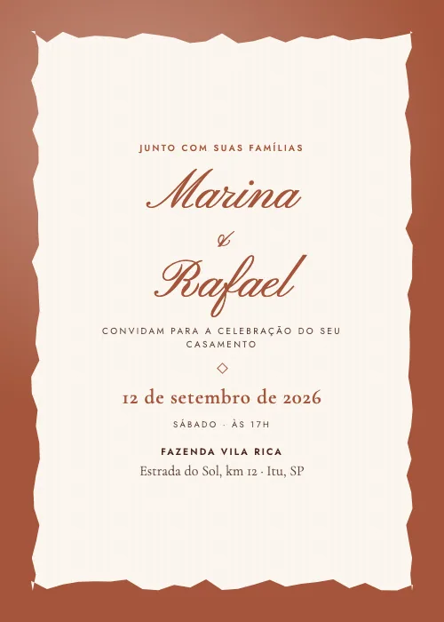 Convite de casamento Papel Rasgado Terracota, estilo moderno