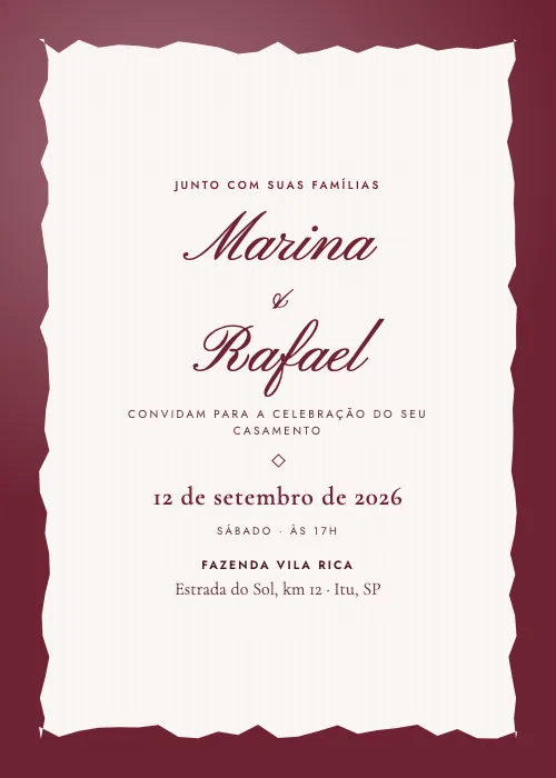 Convite de casamento Papel Rasgado Vinho, estilo moderno