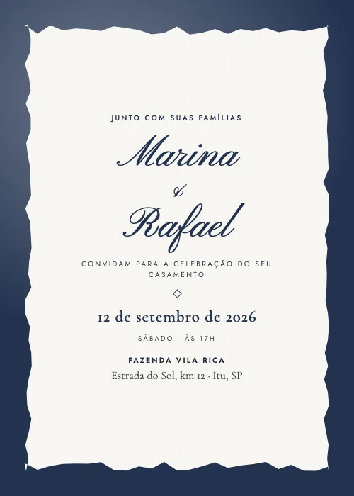 Convite de casamento Papel Rasgado Marinho, estilo moderno