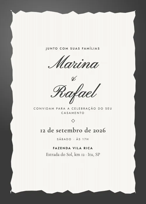 Convite de casamento Papel Rasgado Grafite, estilo moderno