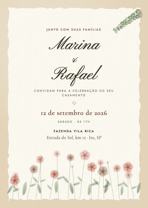 Convite de casamento Flores do Campo Silvestre, estilo botânico