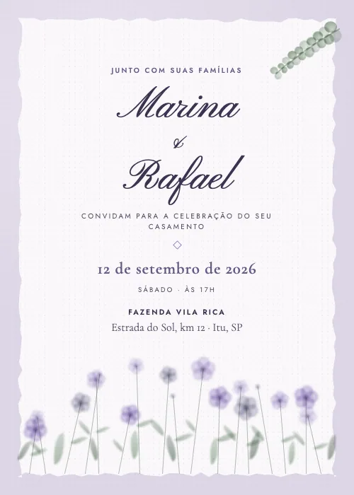 Convite de casamento Flores do Campo Lavanda, estilo botânico