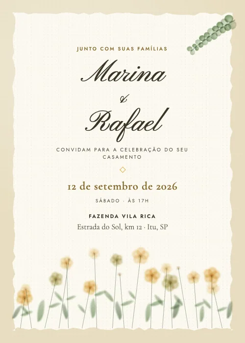 Convite de casamento Flores do Campo Campo, estilo botânico