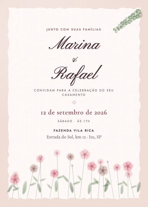 Convite de casamento Flores do Campo Rosa, estilo botânico
