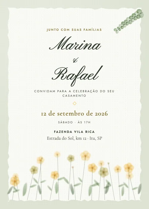Convite de casamento Flores do Campo Margarida, estilo botânico