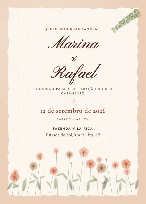 Convite de casamento Flores do Campo Pôr do sol, estilo botânico