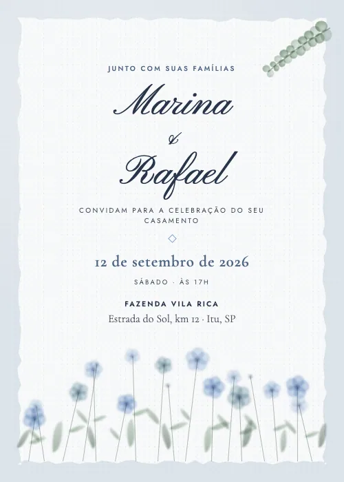 Convite de casamento Flores do Campo Azul, estilo botânico