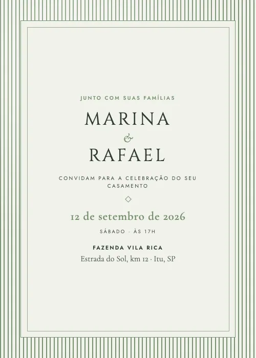 Convite de casamento Riscas Finas Sálvia, estilo clássico